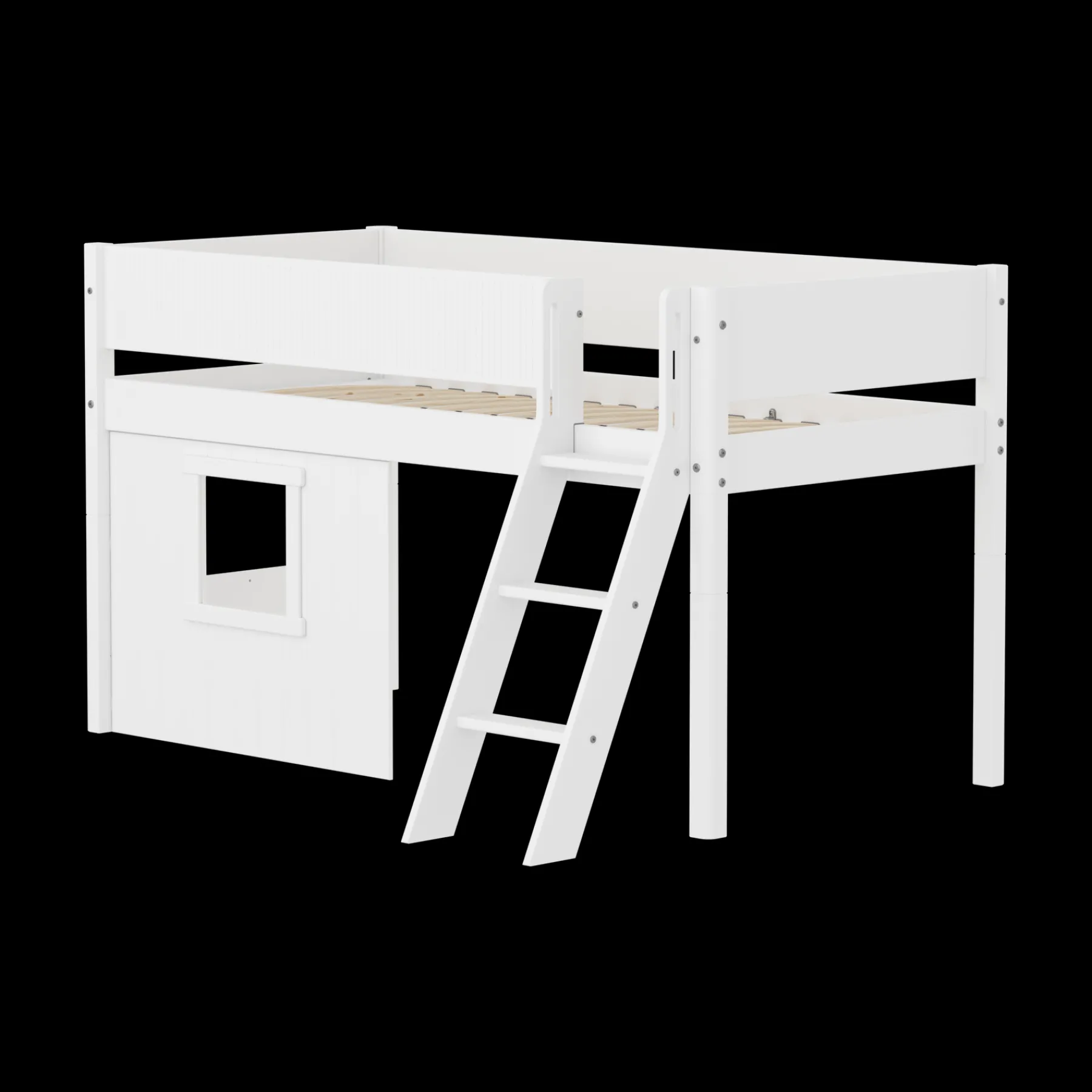 FLEXA Halbhohes Bett mit Hausfronten, Schrägleiter und Absturzsicherung mit Rillen White Store