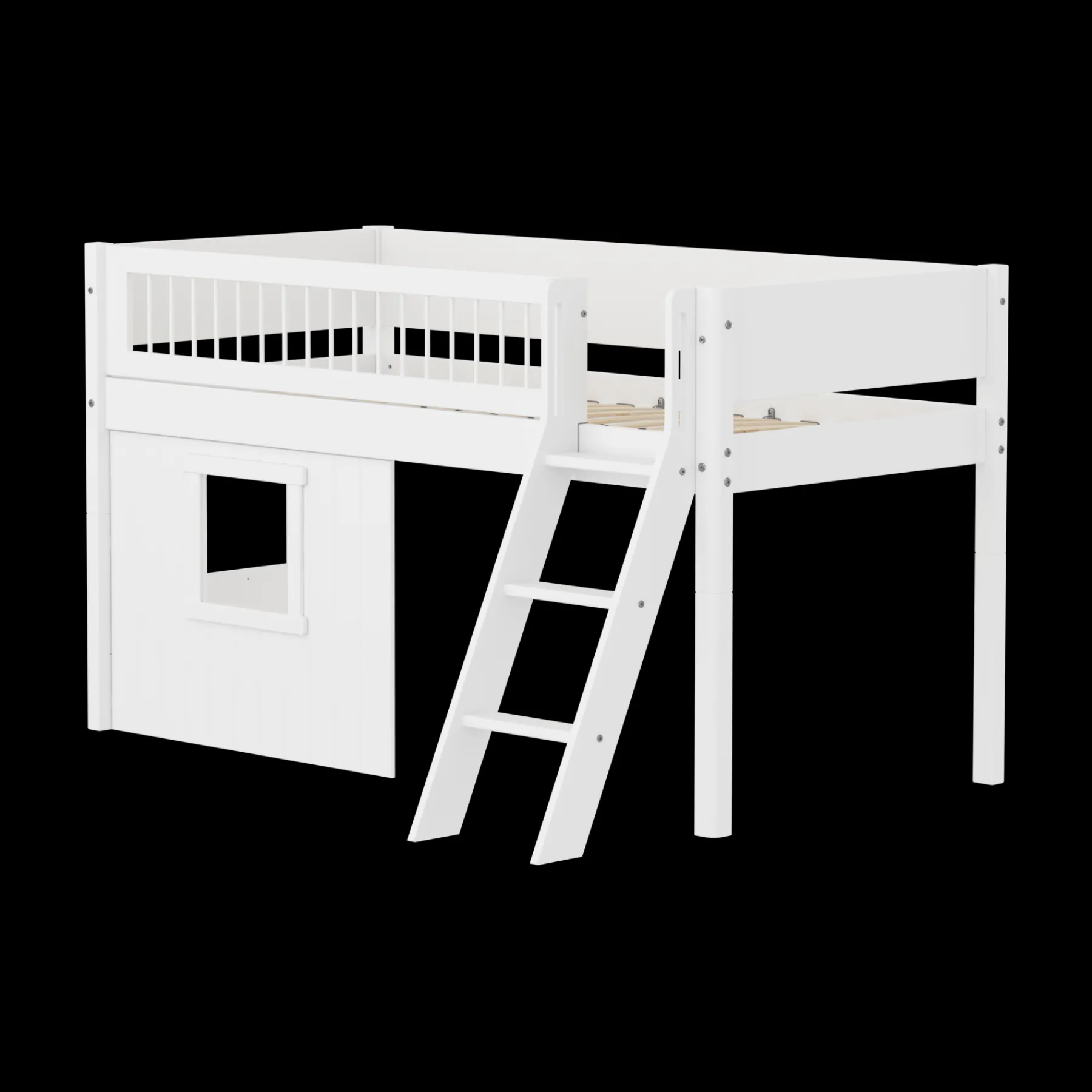 FLEXA Halbhohes Bett mit Hausfronten, Schrägleiter und Absturzsicherung mit Streben White Clearance