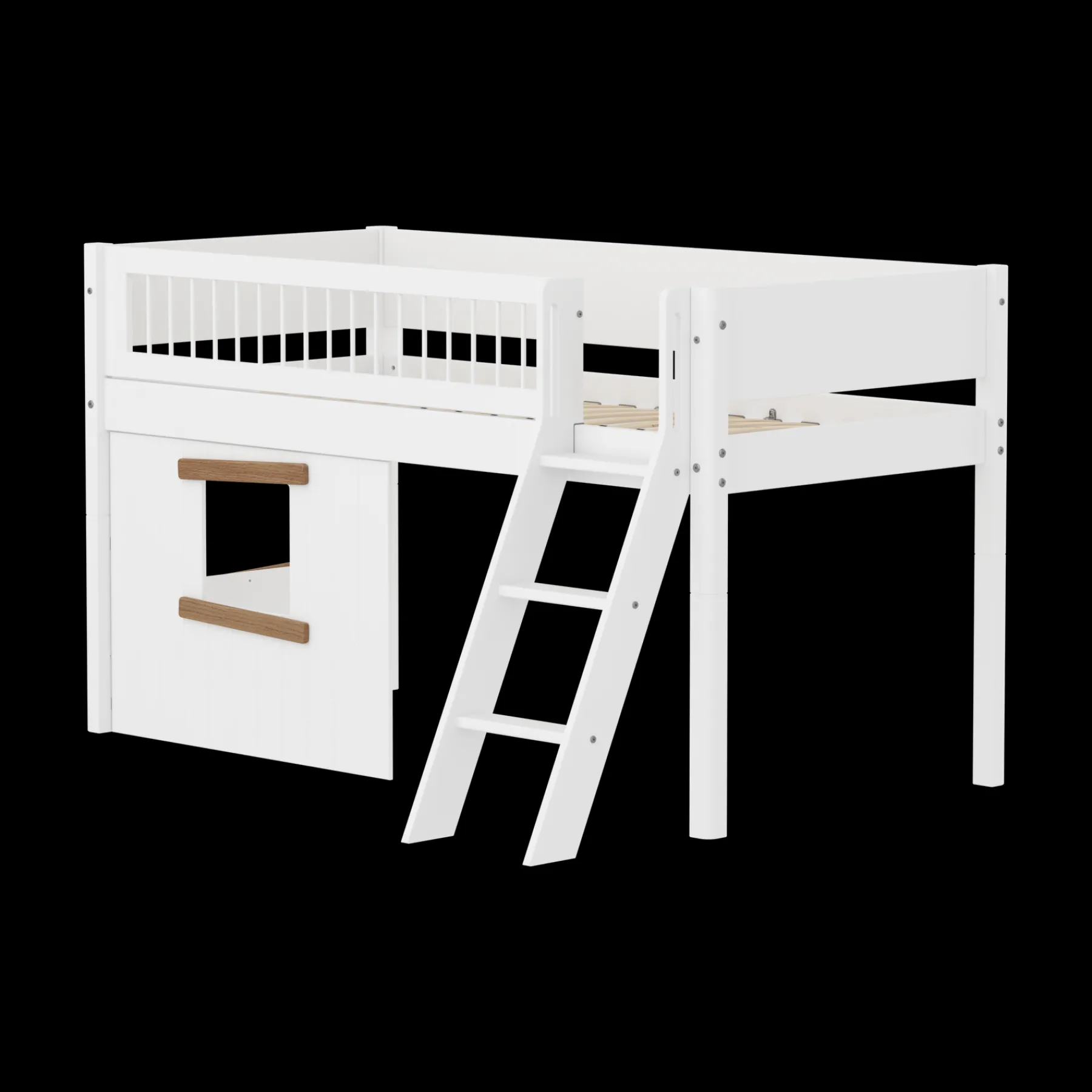 FLEXA Halbhohes Bett mit Hausfronten, Schrägleiter und Absturzsicherung mit Streben White Outlet