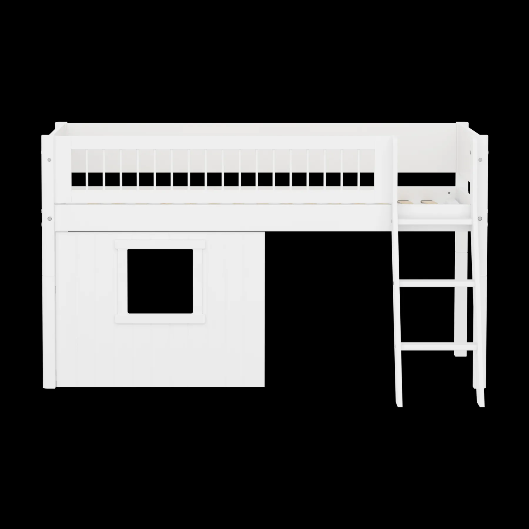 FLEXA Halbhohes Bett mit Hausfronten, Schrägleiter und Absturzsicherung mit Streben White Clearance