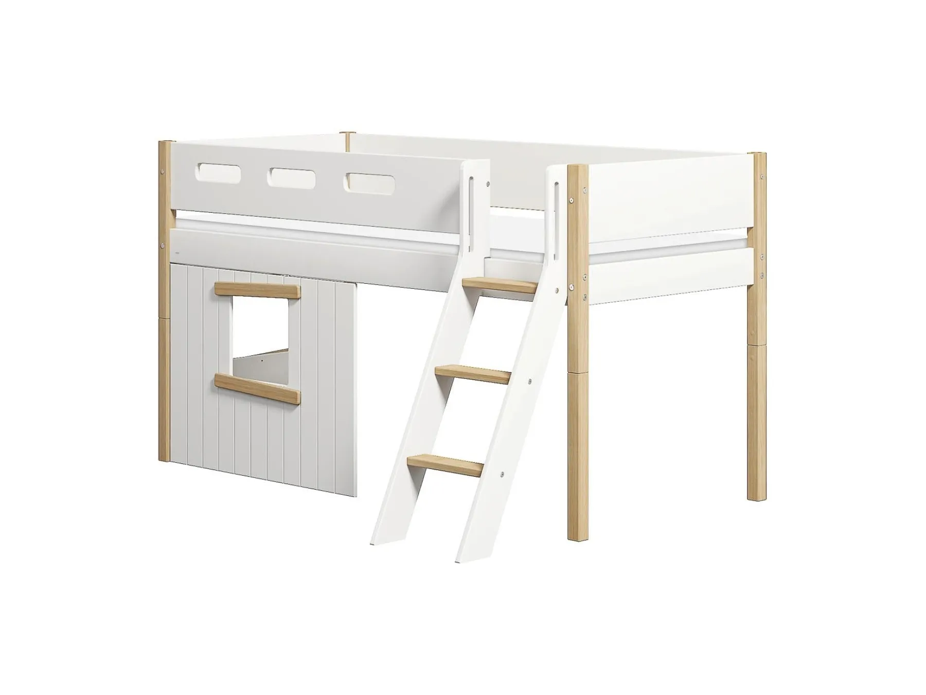FLEXA Mittelhohes Bett, mit Schrägleiter & Baumhaus-Bettenfronten, Holz White/oak Fashion
