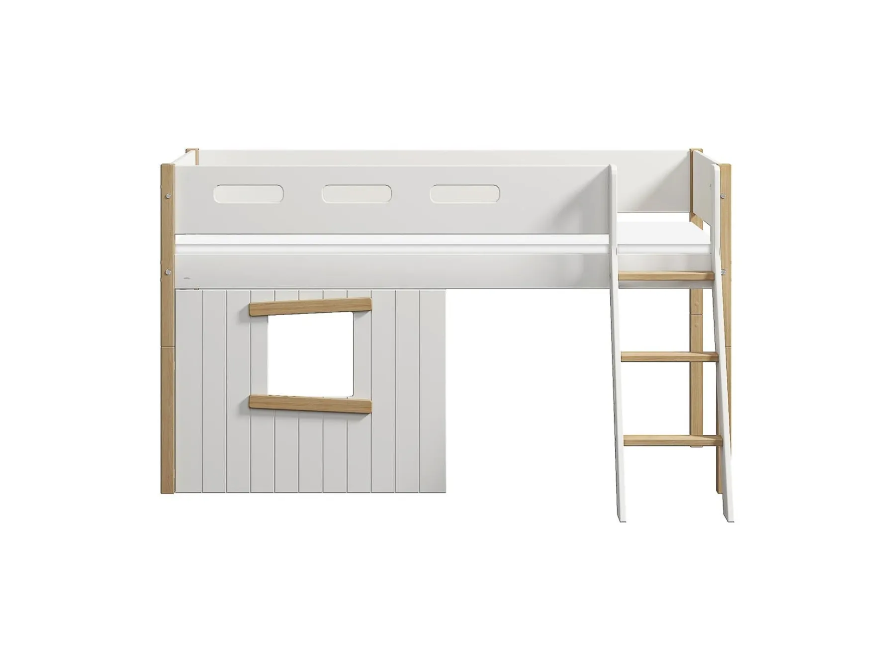 FLEXA Mittelhohes Bett, mit Schrägleiter & Baumhaus-Bettenfronten, Holz White/oak Fashion