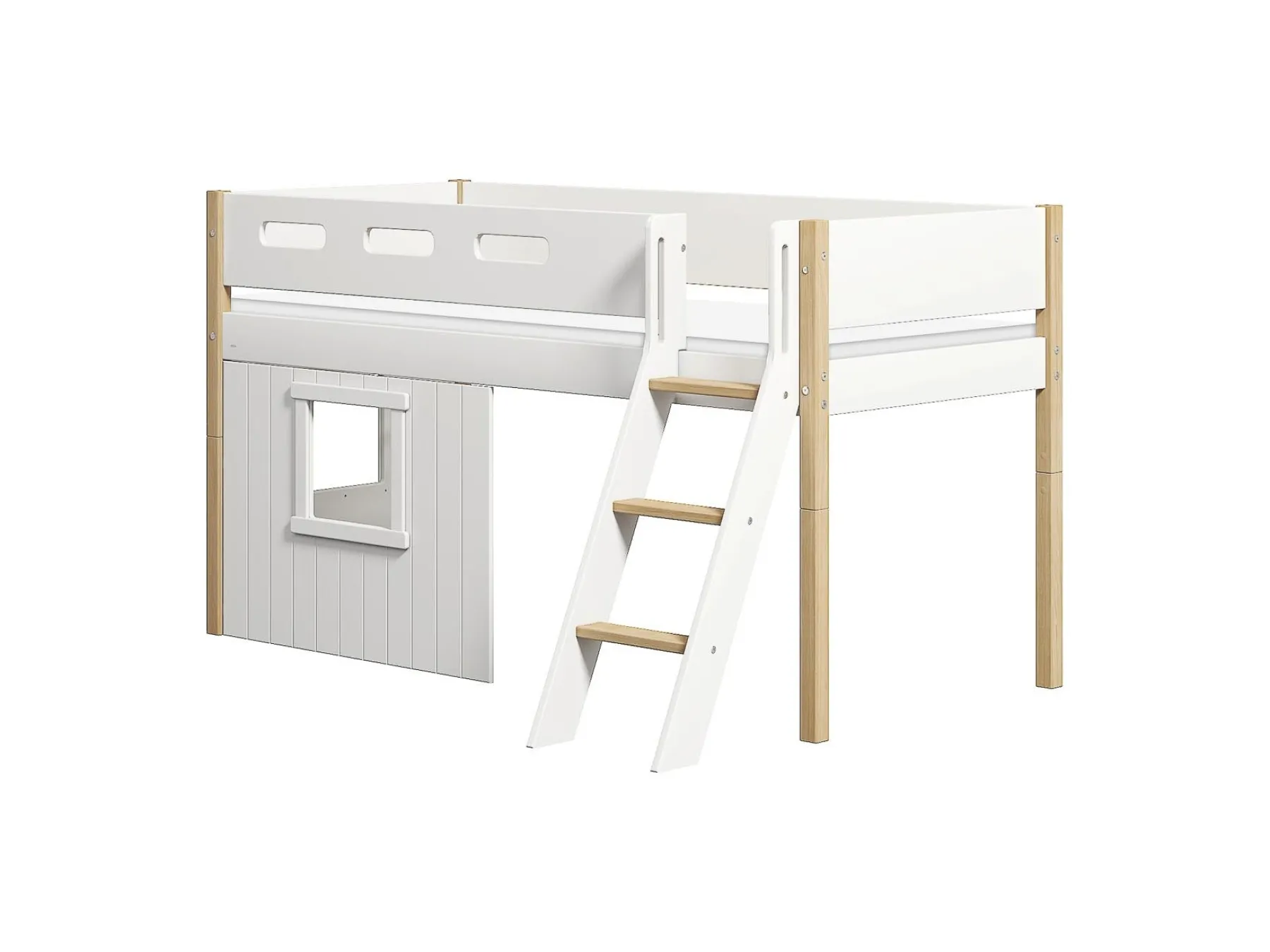 FLEXA Mittelhohes Bett, mit Schrägleiter & Baumhaus-Bettenfronten, weiß White/oak Shop