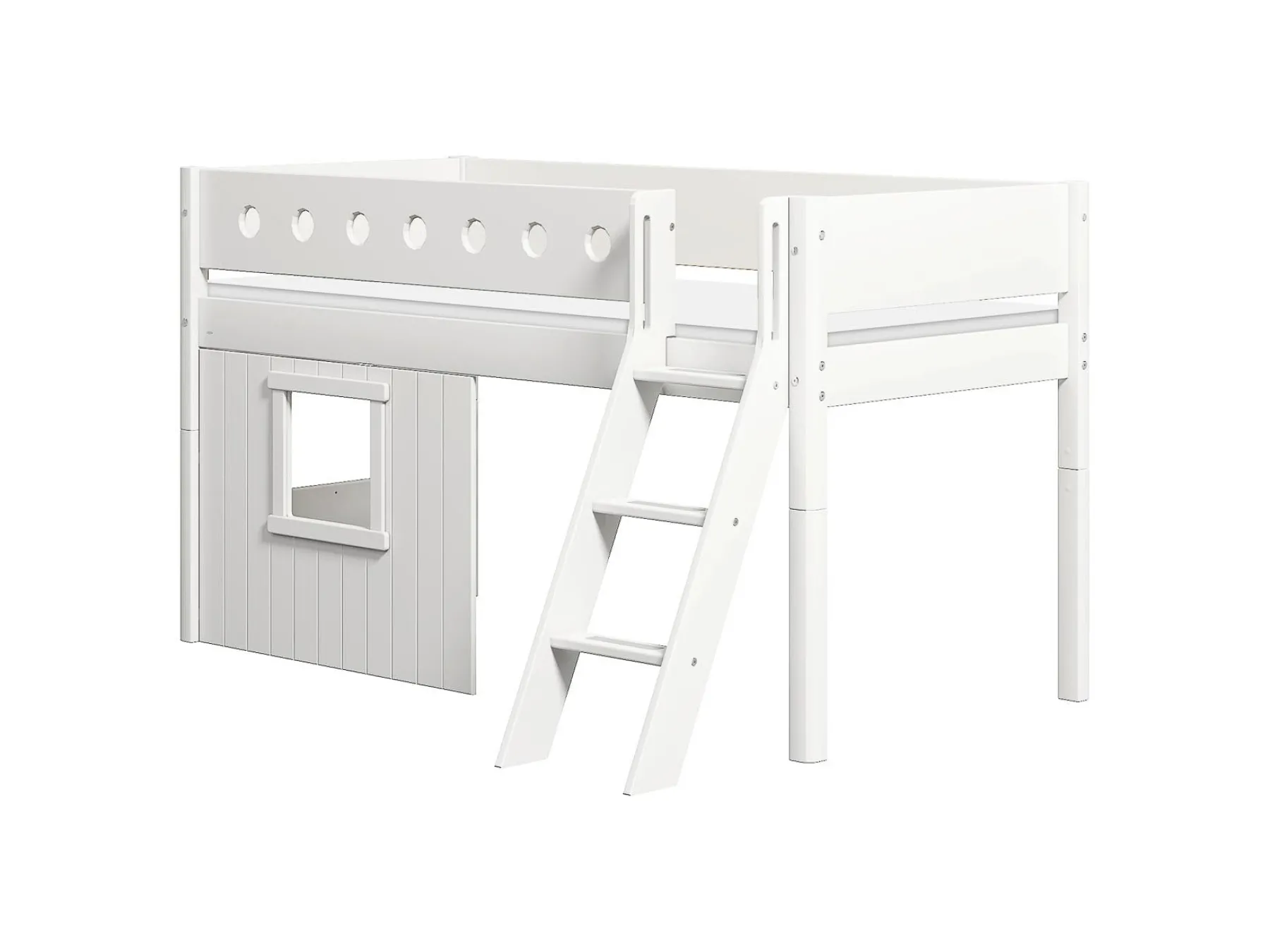FLEXA Mittelhohes Bett, mit Schrägleiter & Baumhaus-Bettenfronten, weiß White Cheap