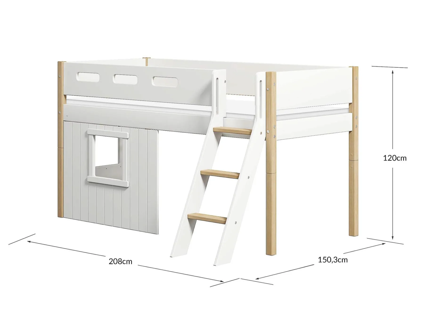 FLEXA Mittelhohes Bett, mit Schrägleiter & Baumhaus-Bettenfronten, weiß White/oak Shop